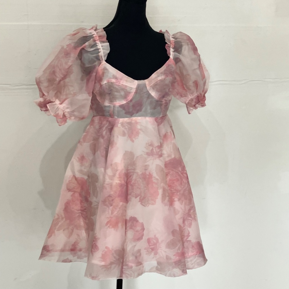 Pink Floral Puff-Sleeve Mini Dress - Picture 11 of 11